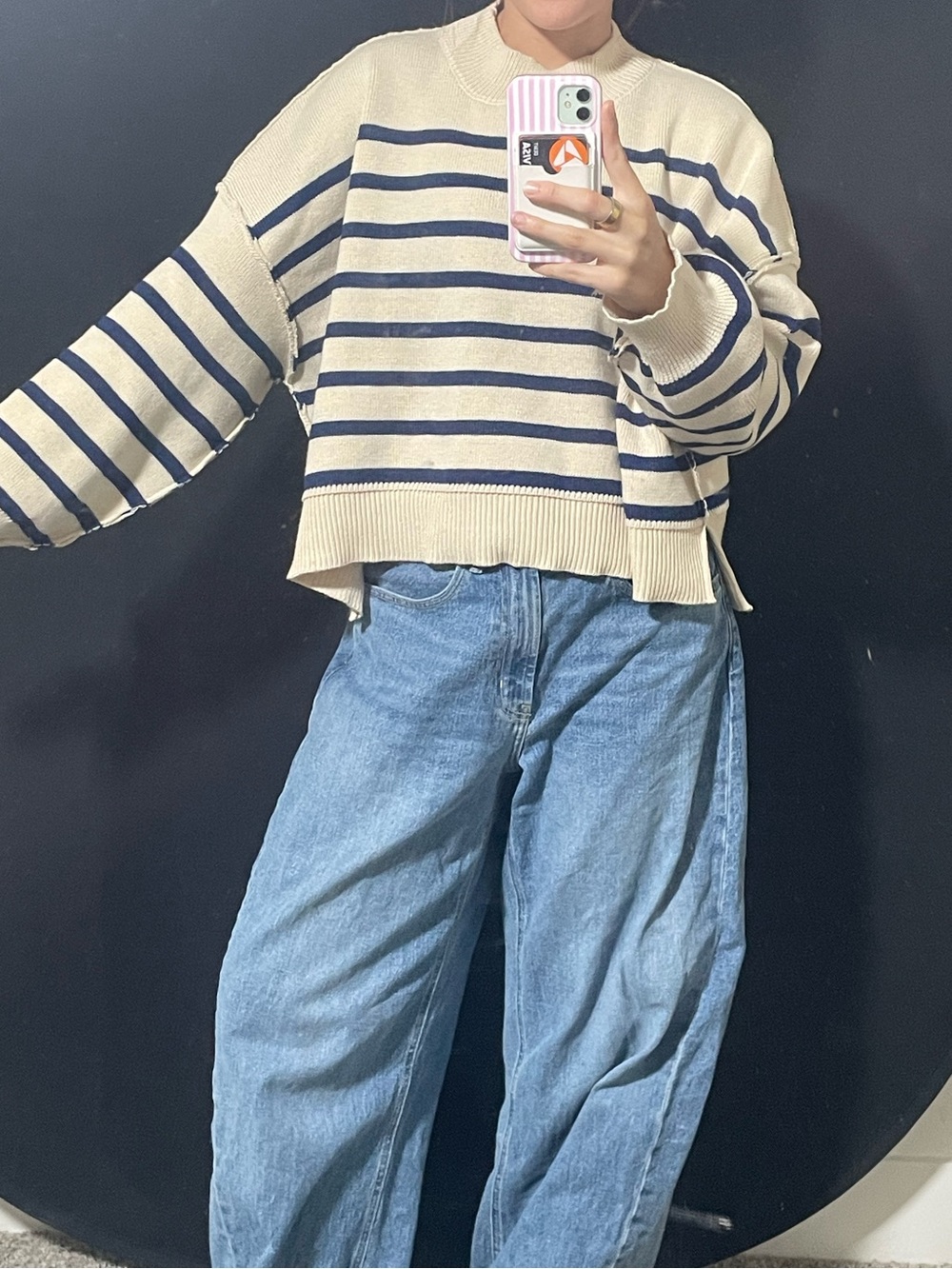 Striped Crewneck Sweater in Cream and Navy